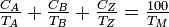 \tfrac{C_{A}}{T_{A}} + \tfrac{C_{B}}{T_{B}} + \tfrac{C_{Z}}{T_{Z}} = \tfrac{100}{T_{M}} 