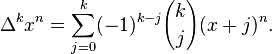  \Delta^k x^n = \sum_{j=0}^{k}(-1)^{k-j}{k \choose j} (x+j)^n.