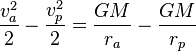  \frac{v_a^2}{2} - \frac{v_p^2}{2} = \frac{GM}{r_a} - \frac{GM}{r_p} 