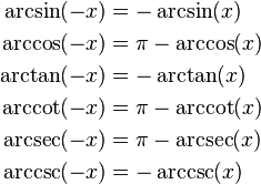 \begin{align}
\arcsin(-x) &= -\arcsin(x) \\
\arccos(-x) &= \pi -\arccos(x) \\
\arctan(-x) &= -\arctan(x) \\
\arccot(-x) &= \pi -\arccot(x) \\
\arcsec (-x) &= \pi -\arcsec(x) \\
\arccsc (-x) &= -\arccsc(x)
\end{align}