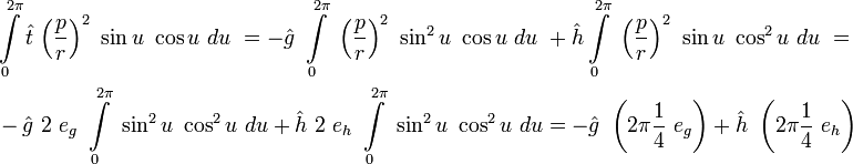 
\begin{align}
&\int\limits_{0}^{2\pi} \hat{t}\ {\left(\frac{p}{r}\right)}^2\ \sin u\ \cos u\ du\ = 
-\hat{g}\ \int\limits_{0}^{2\pi}\ {\left(\frac{p}{r}\right)}^2\ \sin^2 u\ \cos u \ du\  
+\hat{h}\int\limits_{0}^{2\pi}\ {\left(\frac{p}{r}\right)}^2\ \sin u\ \cos^2 u \ du\  = \\
&-\hat{g}\ 2\ e_g\ \int\limits_{0}^{2\pi}\ \sin^2 u\ \cos^2 u \ du 
+\hat{h}\ 2\ e_h\ \int\limits_{0}^{2\pi}\ \sin^2 u\ \cos^2 u \ du =
-\hat{g}\ \left(2\pi \frac{1}{4}\ e_g\right) + \hat{h}\ \left(2\pi \frac{1}{4}\ e_h\right)
\end{align}
