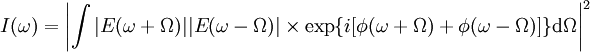 
I(\omega)= \left|  \int| E(\omega+\Omega)| |E(\omega-\Omega)| \times \text{exp} \{i[\phi(\omega+\Omega)+\phi(\omega -\Omega)]\} \mathrm{d}\Omega  \right|^2
