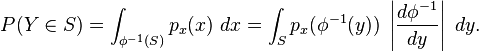 
P(Y \in S) = \int_{\phi^{-1}(S)} p_x(x)~dx = \int_S p_x(\phi^{-1}(y)) ~ \left|\frac{d\phi^{-1}}{dy}\right|~dy. 