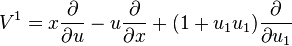  V^{1} = x \frac{\partial}{\partial u} - u \frac{\partial}{\partial x} + (1 + u_{1}u_{1})\frac{\partial}{\partial u_{1}} \,