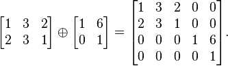 
  \begin{bmatrix}
    1 & 3 & 2 \\
    2 & 3 & 1
  \end{bmatrix}
\oplus
  \begin{bmatrix}
    1 & 6 \\
    0 & 1
  \end{bmatrix}
=
  \begin{bmatrix}
    1 & 3 & 2 & 0 & 0 \\
    2 & 3 & 1 & 0 & 0 \\
    0 & 0 & 0 & 1 & 6 \\
    0 & 0 & 0 & 0 & 1
  \end{bmatrix}.
