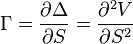 \Gamma = \frac{\partial \Delta}{\partial S} = \frac{\partial^2 V}{\partial S^2}