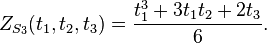 Z_{S_3}(t_1,t_2,t_3) = \frac{t_1^3 + 3 t_1 t_2 + 2 t_3}{6}.