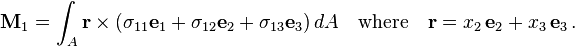 
   \mathbf{M}_1 = \int_A \mathbf{r} \times (\sigma_{11} \mathbf{e}_1 + \sigma_{12} \mathbf{e}_2 + \sigma_{13} \mathbf{e}_3)\, dA 
   \quad \text{where} \quad 
    \mathbf{r} = x_2\,\mathbf{e}_2 + x_3\,\mathbf{e}_3 \,.
 