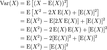 
\begin{align}
\operatorname{Var}(X)&=\operatorname{E}\left[(X - \operatorname{E}(X))^2\right]\\
                     &=\operatorname{E}\left[X^2 - 2X\operatorname{E}(X) + [\operatorname{E}(X)]^2\right]\\
                     &=\operatorname{E}(X^2) - \operatorname{E}[2X\operatorname{E}(X)] + [\operatorname{E}(X)]^2\\
                     &=\operatorname{E}(X^2) - 2\operatorname{E}(X)\operatorname{E}(X) + [\operatorname{E}(X)]^2\\
                     &=\operatorname{E}(X^2) - 2[\operatorname{E}(X)]^2 + [\operatorname{E}(X)]^2\\
                     &=\operatorname{E}(X^2) - [\operatorname{E}(X)]^2
\end{align}
