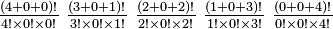 \textstyle {(4+0+0)!\over 4!\times 0!\times 0!} \ {(3+0+1)!\over 3!\times 0!\times 1!} \ {(2+0+2)!\over 2!\times 0!\times 2!} \ {(1+0+3)!\over 1!\times 0!\times 3!} \ {(0+0+4)!\over 0!\times 0!\times 4!}