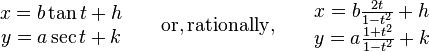 \begin{matrix}
  x = b\tan t + h \\
  y = a\sec t + k \\
\end{matrix}
\qquad \mathrm{or, rationally,} \qquad\begin{matrix}
  x = b\frac{2t}{1 - t^2} + h \\
  y = a\frac{1 + t^2}{1 - t^2} + k \\
\end{matrix}
