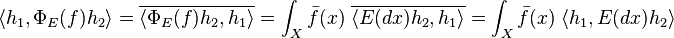  
\langle h_1, \Phi_E (f) h_2 \rangle = \overline{\langle \Phi_E(f) h_2, h_1 \rangle} = \int _X {\bar f}(x) \; \overline{\langle E(dx) h_2, h_1 \rangle} =  \int _X {\bar f}(x) \; \langle h_1, E(dx) h_2 \rangle
