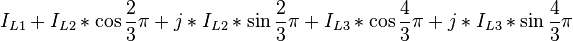 I_{L1} + I_{L2} * \cos\frac{2}{3}\pi + j * I_{L2} * \sin\frac{2}{3}\pi + I_{L3} * \cos\frac{4}{3}\pi + j * I_{L3} * \sin\frac{4}{3}\pi