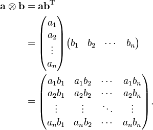 \begin{align}
\mathbf{a}\otimes\mathbf{b} &=\mathbf{a}\mathbf{b}^\mathrm{T}\\
&=\begin{pmatrix}a_1 \\ a_2 \\ \vdots \\ a_n\end{pmatrix}
\begin{pmatrix}b_1 & b_2 & \cdots & b_n\end{pmatrix}\\
&=\begin{pmatrix}
a_1 b_1 & a_1 b_2 & \cdots & a_1 b_n \\
a_2 b_1 & a_2 b_2 & \cdots & a_2 b_n \\
\vdots & \vdots & \ddots & \vdots \\
a_n b_1 & a_n b_2 & \cdots & a_n b_n \\
\end{pmatrix}.
\end{align}