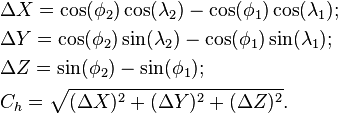 \begin{align}
&\Delta{X}=\cos(\phi_2)\cos(\lambda_2) - \cos(\phi_1)\cos(\lambda_1);\\
&\Delta{Y}=\cos(\phi_2)\sin(\lambda_2) - \cos(\phi_1)\sin(\lambda_1);\\
&\Delta{Z}=\sin(\phi_2) - \sin(\phi_1);\\
&C_h=\sqrt{(\Delta{X})^2 + (\Delta{Y})^2 + (\Delta{Z})^2}.\end{align}
