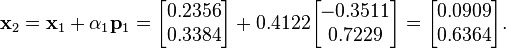 \mathbf{x}_2 = \mathbf{x}_1 + \alpha_1 \mathbf{p}_1 = \begin{bmatrix} 0.2356 \\ 0.3384 \end{bmatrix} + 0.4122 \begin{bmatrix} -0.3511 \\ 0.7229 \end{bmatrix} = \begin{bmatrix} 0.0909 \\ 0.6364 \end{bmatrix}.