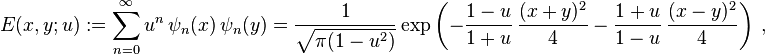 E(x, y; u) := \sum_{n=0}^\infty u^n \, \psi_n (x) \, \psi_n (y) = \frac{1}{\sqrt{\pi (1 - u^2)}} \, \mathrm{exp} \left(-\frac{1 - u}{1 + u} \, \frac{(x + y)^2}{4} - \frac{1 + u}{1 - u} \, \frac{(x - y)^2}{4}\right)~,