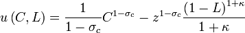   u\left( C,L \right) = \frac{1}{1 - \sigma _c}C^{1 -\sigma _c} - z^{1 - \sigma _c}\frac{\left( 1 - L \right)^{1 + \kappa }}{1 + \kappa }  