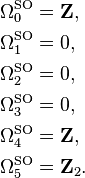 \begin{align} 
\Omega_0^{\text{SO}} &= \mathbf{Z}, \\
\Omega_1^{\text{SO}} &= 0, \\
\Omega_2^{\text{SO}} &= 0, \\
\Omega_3^{\text{SO}} &= 0, \\
\Omega_4^{\text{SO}} &= \mathbf{Z}, \\
\Omega_5^{\text{SO}} &= \mathbf{Z}_2.
\end{align}