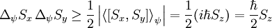 
\Delta_{\psi} S_x \, \Delta_{\psi} S_y \ge \frac{1}{2} \left|\left\langle\left[{S_x},{S_y}\right]\right\rangle_\psi\right|
=
\frac{1}{2} (i \hbar S_z)
=
\frac{ \hbar}{2} S_z
