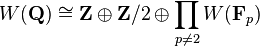 W(\mathbf{Q}) \cong \mathbf{Z} \oplus \mathbf{Z}/2 \oplus \prod_{p\ne2} W(\mathbf{F}_p) \  