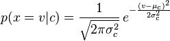 
p(x=v|c)=\frac{1}{\sqrt{2\pi\sigma^2_c}}\,e^{ -\frac{(v-\mu_c)^2}{2\sigma^2_c} }
