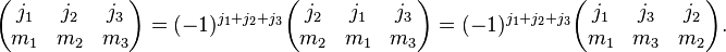 
\begin{pmatrix}
  j_1 & j_2 & j_3\\
  m_1 & m_2 & m_3
\end{pmatrix}
=
(-1)^{j_1+j_2+j_3}
\begin{pmatrix}
  j_2 & j_1 & j_3\\
  m_2 & m_1 & m_3
\end{pmatrix}
=
(-1)^{j_1+j_2+j_3}
\begin{pmatrix}
  j_1 & j_3 & j_2\\
  m_1 & m_3 & m_2
\end{pmatrix}.
