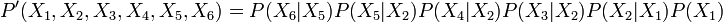 
P^{\prime
}(X_{1},X_{2},X_{3},X_{4},X_{5},X_{6})=P(X_{6}|X_{5})P(X_{5}|X_{2})P(X_{4}|X_{2})P(X_{3}|X_{2})P(X_{2}|X_{1})P(X_{1})
