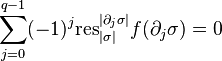 \sum_{j=0}^{q-1} (-1)^j \mathrm{res}^{|\partial_j \sigma|}_{|\sigma|} f (\partial_j \sigma) = 0