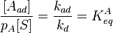 \frac {[A_{ad}]}{p_A[S]} =  \frac{k_{ad}}{k_d} = K_{eq}^A