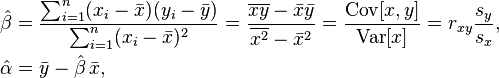 \begin{align}
  & \hat\beta = \frac{ \sum_{i=1}^{n} (x_{i}-\bar{x})(y_{i}-\bar{y}) }{ \sum_{i=1}^{n} (x_{i}-\bar{x})^2 }
              = \frac{ \overline{xy} - \bar{x}\bar{y} }{ \overline{x^2} - \bar{x}^2 }
              = \frac{ \operatorname{Cov}[x,y] }{ \operatorname{Var}[x] }
              = r_{xy} \frac{s_y}{s_x}, \\
  & \hat\alpha = \bar{y} - \hat\beta\,\bar{x},
  \end{align}