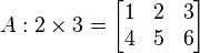 A:2\times 3 =
  \begin{bmatrix}
    1 & 2 & 3 \\
    4 & 5 & 6
  \end{bmatrix}
