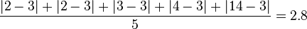 \frac{|2 - 3| + |2 - 3| + |3 - 3| + |4 - 3| + |14 - 3|}{5} = 2.8