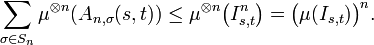 \sum_{\sigma\in S_n} \mu^{\otimes n}(A_{n,\sigma}(s,t))
\le\mu^{\otimes n}\bigl(I_{s,t}^n\bigr)=\bigl(\mu(I_{s,t})\bigr)^n.