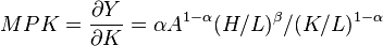 MPK=\frac{\partial Y}{\partial K}= {\alpha}A^{1-\alpha}(H/L)^{\beta}/(K/L)^{1-\alpha}