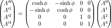 
\begin{pmatrix}
A'^0 \\ A'^1 \\ A'^2 \\ A'^3
\end{pmatrix}
=\begin{pmatrix}
\cosh\phi &-\sinh\phi & 0 & 0 \\
-\sinh\phi  & \cosh\phi & 0 & 0 \\
0 & 0 & 1 & 0 \\
0 & 0 & 0 & 1 \\
\end{pmatrix}
\begin{pmatrix}
A^0 \\ A^1 \\ A^2 \\ A^3
\end{pmatrix} 
