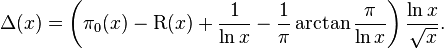 \Delta (x)=\left(\pi _{0}(x)-\operatorname {R} (x)+{\frac {1}{\ln x}}-{\frac {1}{\pi }}\arctan {\frac {\pi }{\ln x}}\right){\frac {\ln x}{\sqrt {x}}}.