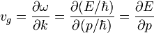 v_g = \frac{\partial \omega}{\partial k} = \frac{\partial (E/\hbar)}{\partial (p/\hbar)} = \frac{\partial E}{\partial p}