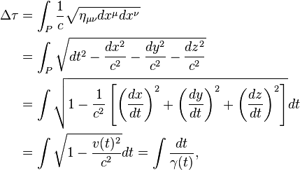 \begin{align}\Delta\tau
&= \int_P \frac{1}{c} \sqrt{\eta_{\mu\nu}dx^\mu dx^\nu}\\
&= \int_P \sqrt {dt^2 - {dx^2 \over c^2} - {dy^2 \over c^2} - {dz^2 \over c^2}}\\
&= \int \sqrt {1 - \frac{1}{c^2} \left [ \left (\frac{dx}{dt}\right)^2 + \left (\frac{dy}{dt}\right)^2 + \left ( \frac{dz}{dt}\right)^2 \right] }dt\\
&= \int \sqrt {1 - \frac{v(t)^2}{c^2}} dt 
= \int \frac{dt}{\gamma(t)},\end{align}