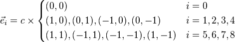 \vec{e}_i = c\times
\begin{cases} 
  (0,0)                        & i = 0 \\
  (1,0),(0,1),(-1,0),(0,-1)    & i = 1,2,3,4 \\
  (1,1),(-1,1),(-1,-1),(1,-1)  & i = 5,6,7,8 \\
\end{cases}