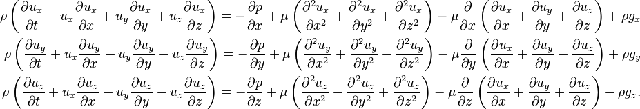 \begin{align}
  \rho \left(\frac{\partial u_x}{\partial t} + u_x \frac{\partial u_x}{\partial x} + u_y \frac{\partial u_x}{\partial y} + u_z \frac{\partial u_x}{\partial z}\right) = -\frac{\partial p}{\partial x} + \mu \left(\frac{\partial^2 u_x}{\partial x^2} + \frac{\partial^2 u_x}{\partial y^2} + \frac{\partial^2 u_x}{\partial z^2}\right) - \mu \frac{\partial}{\partial x} \left( \frac{\partial u_x}{\partial x} + \frac{\partial u_y}{\partial y} + \frac{\partial u_z}{\partial z} \right) + \rho g_x \\
  \rho \left(\frac{\partial u_y}{\partial t} + u_x \frac{\partial u_y}{\partial x} + u_y \frac{\partial u_y}{\partial y}+ u_z \frac{\partial u_y}{\partial z}\right) = -\frac{\partial p}{\partial y} + \mu \left(\frac{\partial^2 u_y}{\partial x^2} + \frac{\partial^2 u_y}{\partial y^2} + \frac{\partial^2 u_y}{\partial z^2}\right) - \mu \frac{\partial}{\partial y} \left( \frac{\partial u_x}{\partial x} + \frac{\partial u_y}{\partial y} + \frac{\partial u_z}{\partial z} \right) + \rho g_y \\
  \rho \left(\frac{\partial u_z}{\partial t} + u_x \frac{\partial u_z}{\partial x} + u_y \frac{\partial u_z}{\partial y}+ u_z \frac{\partial u_z}{\partial z}\right) = -\frac{\partial p}{\partial z} + \mu \left(\frac{\partial^2 u_z}{\partial x^2} + \frac{\partial^2 u_z}{\partial y^2} + \frac{\partial^2 u_z}{\partial z^2}\right) - \mu \frac{\partial}{\partial z} \left( \frac{\partial u_x}{\partial x} + \frac{\partial u_y}{\partial y} + \frac{\partial u_z}{\partial z} \right) + \rho g_z.
\end{align}