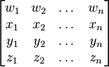 \begin{bmatrix}
w_1 & w_2 & \dots & w_n  \\
x_1 & x_2 & \dots & x_n  \\
y_1 & y_2 & \dots & y_n \\
z_1 & z_2 & \dots & z_n
\end{bmatrix}
