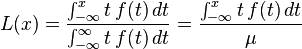  L(x)=\frac{\int_{-\infty}^{x} t\,f(t)\,dt}{\int_{-\infty}^\infty t\,f(t)\,dt} =\frac{\int_{-\infty}^{x} t\,f(t)\,dt}{\mu} 