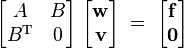  
\begin{bmatrix}
  A & B \\
  B^{\textrm{T}} & 0 \end{bmatrix}
\;
\begin{bmatrix}
  \mathbf{w} \\
  \mathbf{v}
\end{bmatrix} \; = \; 
\begin{bmatrix}
  \mathbf{f} \\
  \mathbf{0}
\end{bmatrix}\;\;\;\;
