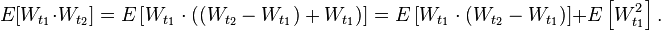 E[W_{t_1} \cdot W_{t_2}] = E\left[W_{t_1} \cdot ((W_{t_2} - W_{t_1})+ W_{t_1}) \right] = E\left[W_{t_1} \cdot (W_{t_2} - W_{t_1} )\right] + E\left [W_{t_1}^2 \right].