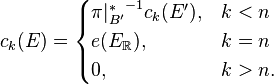 c_k(E) = \begin{cases}
{\pi|_{B'}^*}^{-1} c_k(E'), & k < n\\
e(E_{\mathbb{R}}), & k = n \\
0, & k > n. \\
\end{cases}
