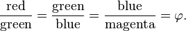 \frac{\mathrm{red}}{\mathrm{green}} = \frac{\mathrm{green}}{\mathrm{blue}} = \frac{\mathrm{blue}}{\mathrm{magenta}} = \varphi.