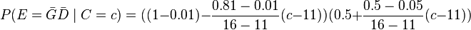 P(E=\bar G \bar D \mid C=c) = ((1-0.01) - \frac{0.81-0.01}{16-11}(c-11))(0.5 + \frac{0.5-0.05}{16-11}(c-11))