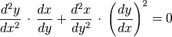  \frac{d^2y}{dx^2}\,\cdot\,\frac{dx}{dy} + \frac{d^2x}{dy^2}\,\cdot\,\left(\frac{dy}{dx}\right)^2  =  0 