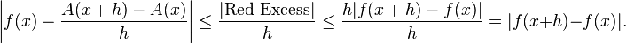 \left|f(x) - \frac{A(x+h) - A(x)}{h}\right| \le \frac{|\text{Red Excess}|}{h} \le \frac{h|f(x+h) - f(x)|}{h} = |f(x+h) - f(x)|.